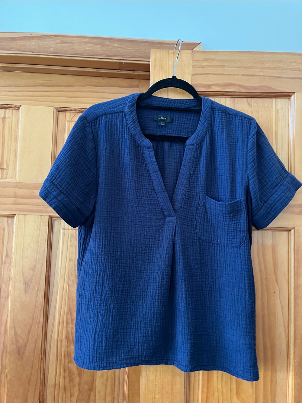 Textured Navy Blue Short Sleeve Cotton Top
